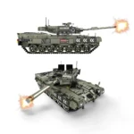 Two toy tanks, one above the other, are firing projectiles from their cannons.