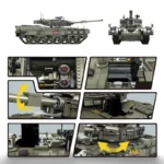 A toy tank is displayed from multiple angles and with close-up views of its construction.