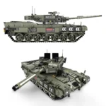 Two toy tanks, one side view and one angled view, are displayed.