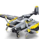 A toy airplane with dual propellers, gray and yellow accents, and the number 162 on its side.