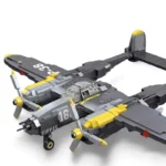 A gray and yellow toy airplane with two propellers and the number 16 on the side.