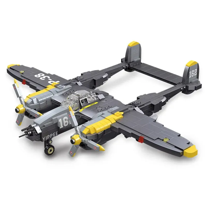 A gray and yellow toy airplane with two propellers and the number 16 on the side.