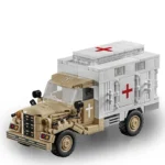 A toy ambulance truck with a red cross symbol on the side and top.