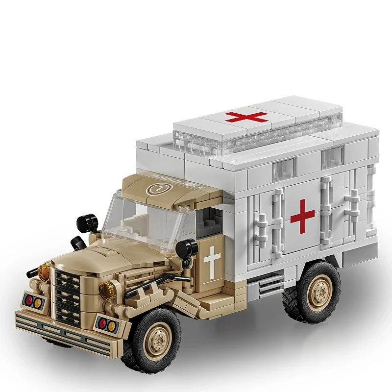 A toy ambulance truck with a red cross symbol on the side and top.