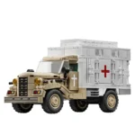 A tan and white toy ambulance truck with a red cross on the side.
