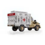 A toy ambulance truck with a red cross and the word "AMBULANCE" on the side.