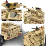A tan toy tank with a rotating turret and various weapons is shown in four different views.