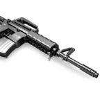 A black toy gun made of building blocks is displayed.