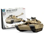 A tan toy tank with a long barrel is displayed next to its box.