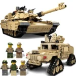 Two tan brick-built military vehicles and six figures are displayed.