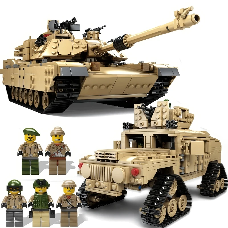Two tan brick-built military vehicles and six figures are displayed.