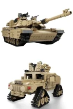 Two tan brick toy vehicles, a tank and a truck, are positioned one above the other.