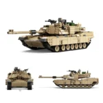 A tan toy tank with a long barrel is displayed from three different angles.