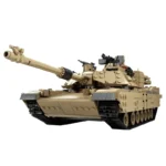 A tan brick toy tank with a long barrel and black tracks is displayed.