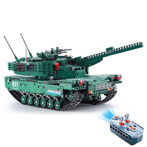 A green toy tank with a long barrel and a remote control are visible.
