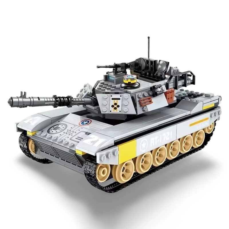 A gray toy tank with yellow accents and black treads is displayed.
