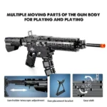 A black toy gun made of building blocks with an orange tip, and three smaller images showing moving parts.