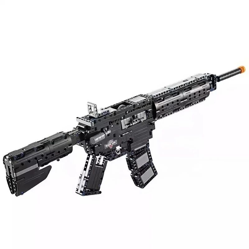 A black toy gun with a long barrel and a magazine is displayed.