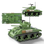 Three green toy tanks with white stars are displayed.