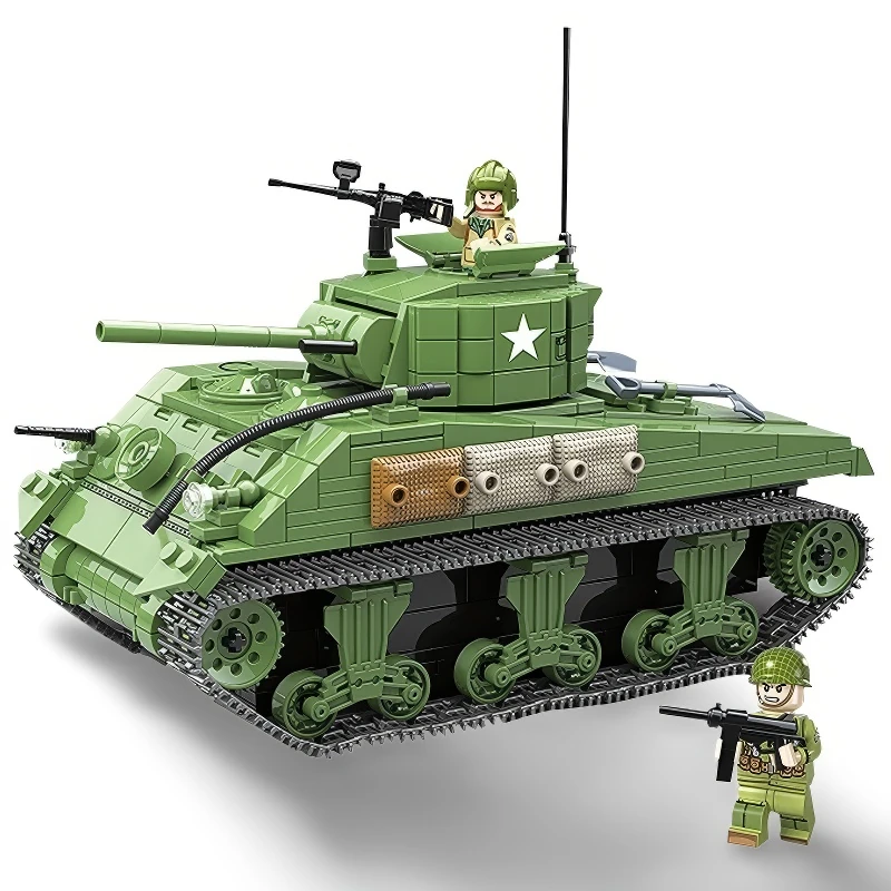 A green toy tank with a star and two toy soldiers, one holding a gun.