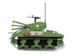 A green toy tank with a star on the side and a rotating gun is on a white background.