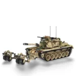 A toy tank with a long cannon and a trailer with multiple wheels.