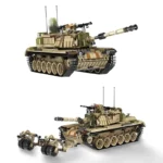 Two toy tanks, one with an attached wheeled trailer, are displayed.