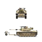 Two views of a tan military tank toy with a long barrel and tracks.