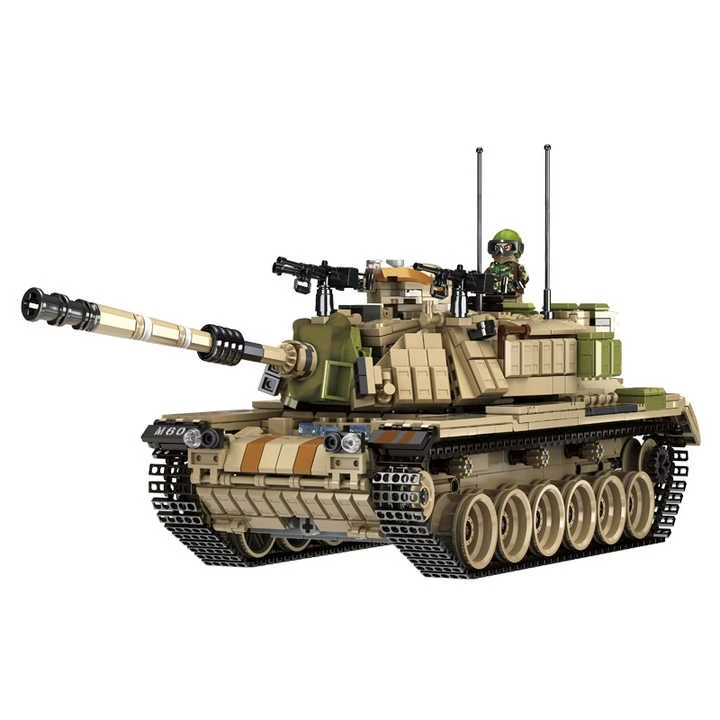 A toy tank with a long barrel, multiple wheels, a small figure on top, and two antennas.