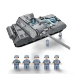 A gray toy tank with a long barrel and seven gray toy soldier figures are displayed.