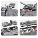 Four images show a gray toy tank with a figure and moving parts.