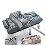 A gray toy tank with three figures, and two open sections showing interior parts.