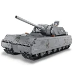 A gray toy tank with a long barrel and a figure in the turret.