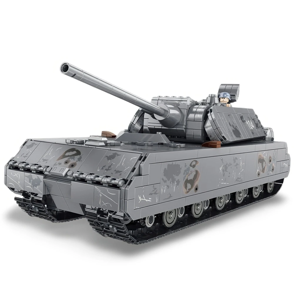 A gray toy tank with a long barrel and a figure in the turret.