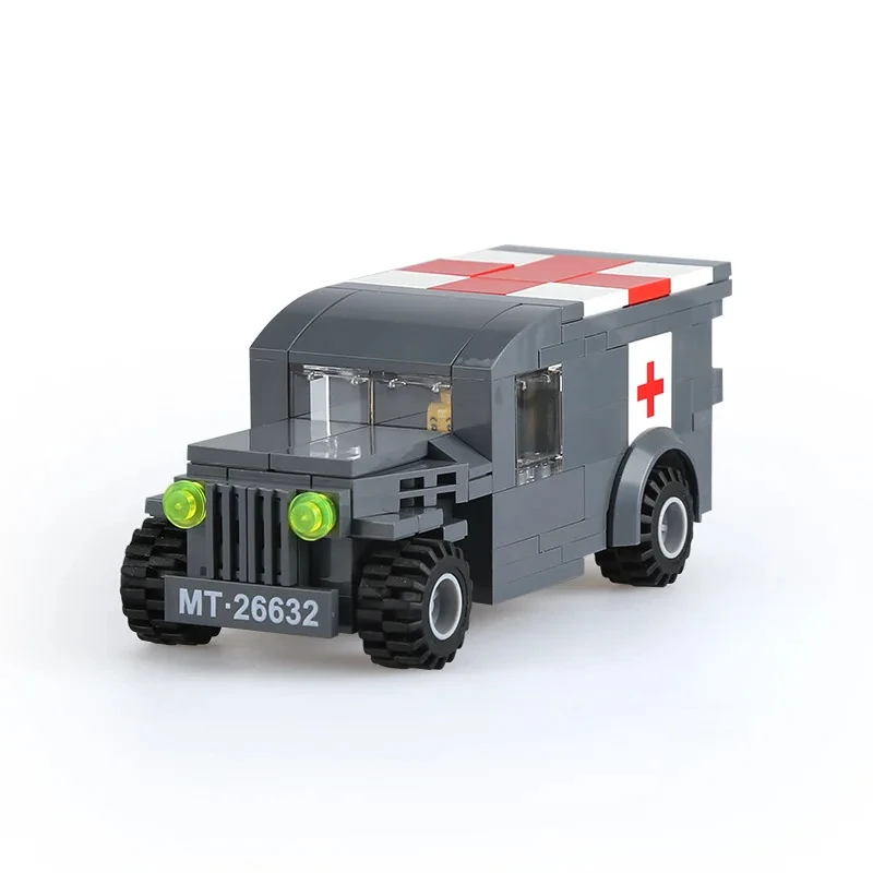 Ambulance vehicle built from interlocking bricks with a red cross design.