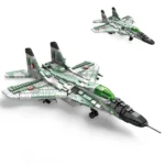 Two toy fighter jets, one larger and closer, are displayed with green and gray pieces.