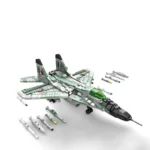 A green and gray toy fighter jet with several missiles is displayed.