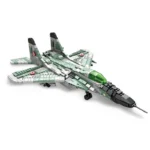A toy jet plane constructed from interlocking blocks is displayed.
