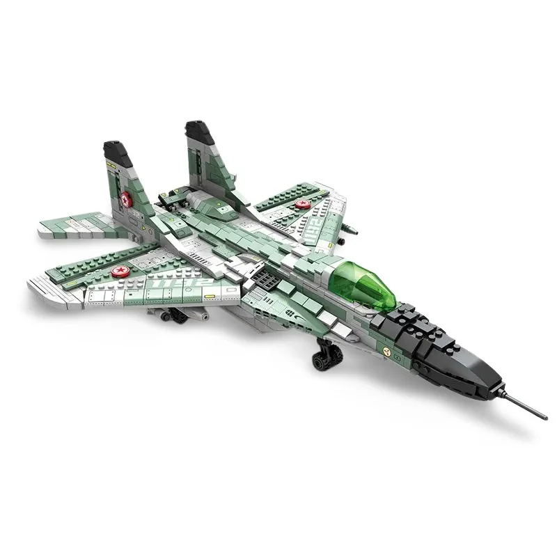 A toy jet plane constructed from interlocking blocks is displayed.