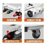 Four images show the different parts of a white and black brick toy airplane, including missiles, engine, cockpit, and landing wheel.