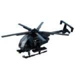 A black toy helicopter with rotating blades and a small yellow light is visible.