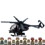 A black toy helicopter and seven toy figures with helmets are displayed.
