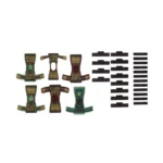 Six toy torsos and sixteen small black rectangular pieces are displayed.