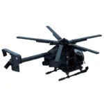 A black toy helicopter with multiple rotor blades and landing gear sits on a white surface.