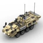 A tan and brown toy military vehicle with eight wheels and two antennas is displayed.