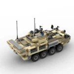 A tan and brown toy military vehicle with six wheels and antennas.