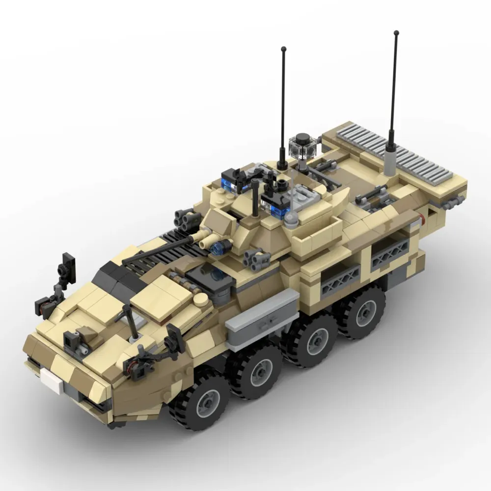 A tan and brown toy military vehicle with eight wheels and two antennas is displayed.