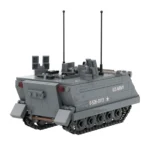 A gray brick toy vehicle with two antennas and the words "U.S. ARMY" on the side.