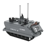 A gray brick toy tank with antennas, tracks, and a skull graphic.