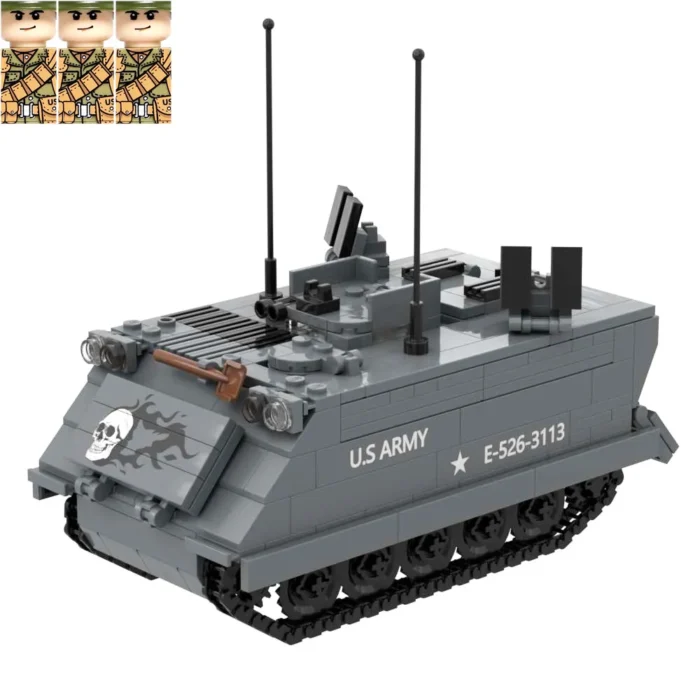 Gray toy tank with black treads, two antennas, a skull graphic, and the text "U.S. ARMY" and "E-526-3113".